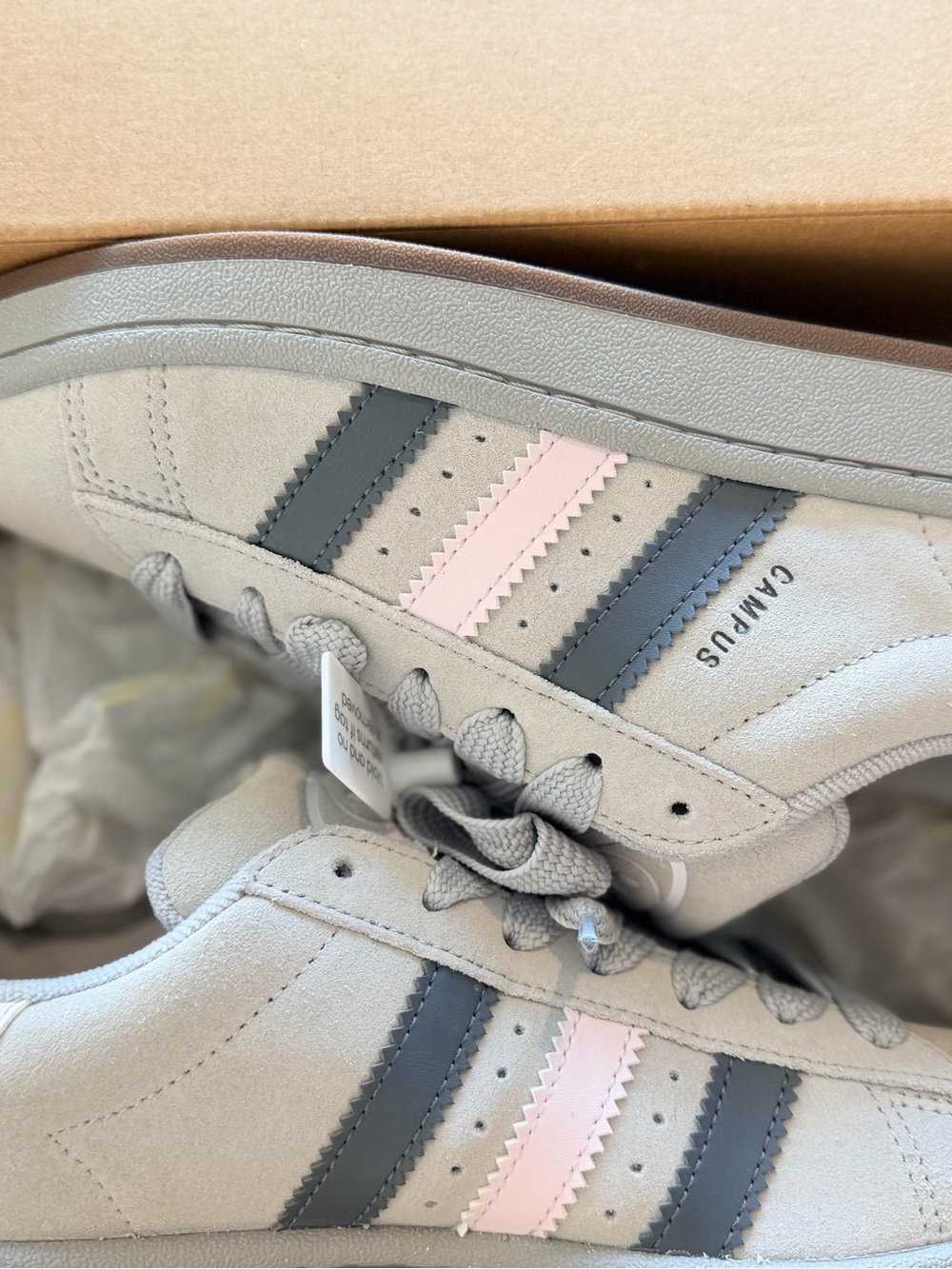 adidas Campus Suede Sneakers in Light Gray with Pink and Dark Gray Stripes